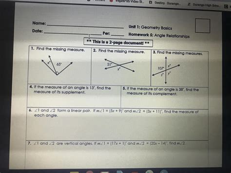 Unit Angle Relationships Homework 2 Answer Key